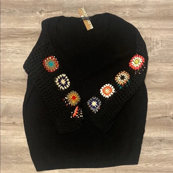 BloomChic Black V-Neck Sweater with Embroidered Sleeves - Picture 2 of 7